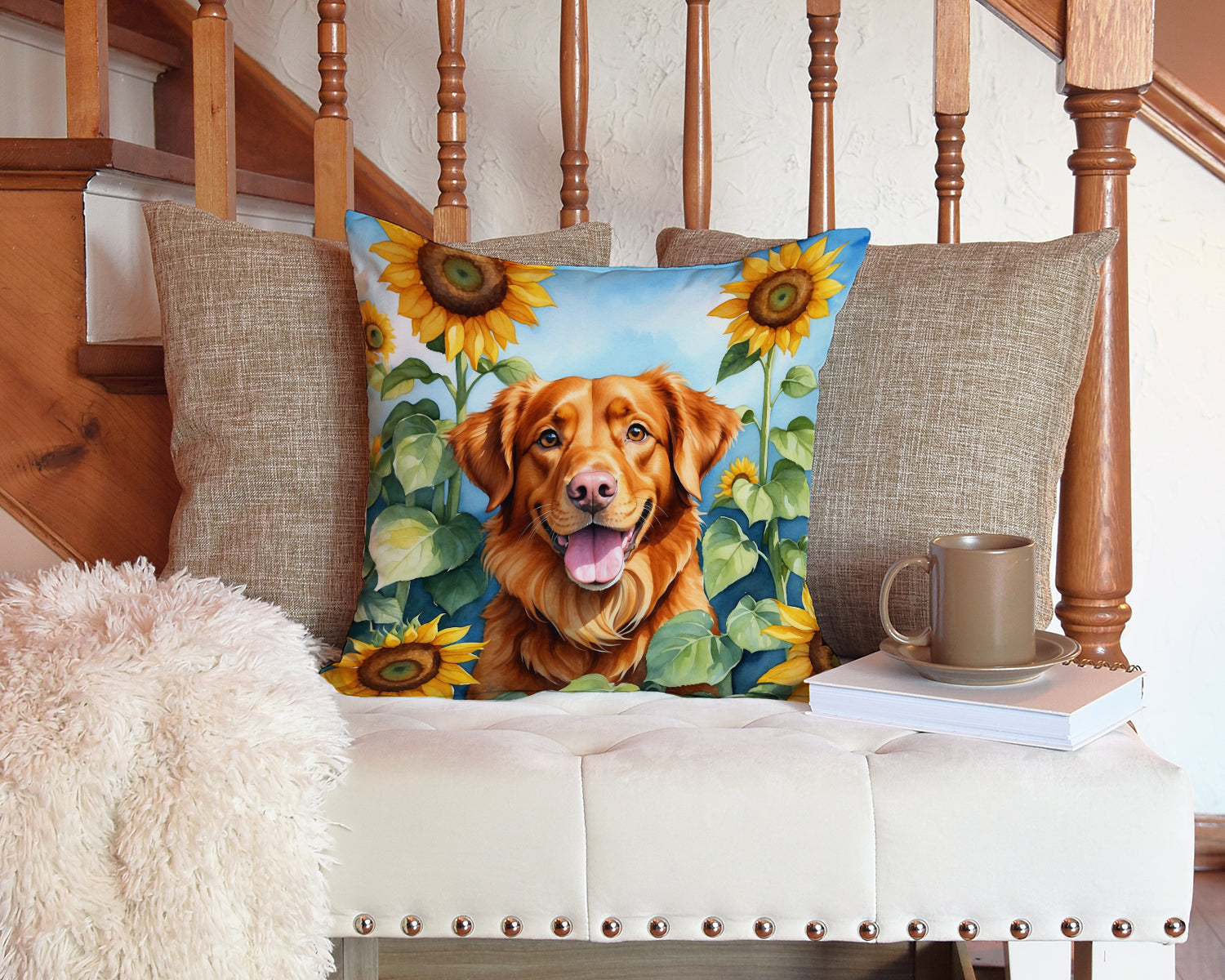 Nova Scotia Duck Toller in Sunflowers Decorative Throw Pillow 14x14 Indoor Outdoor Accent Cushion, Fabric Cover with Insert for Sofa, Bed, Porch & Living Room