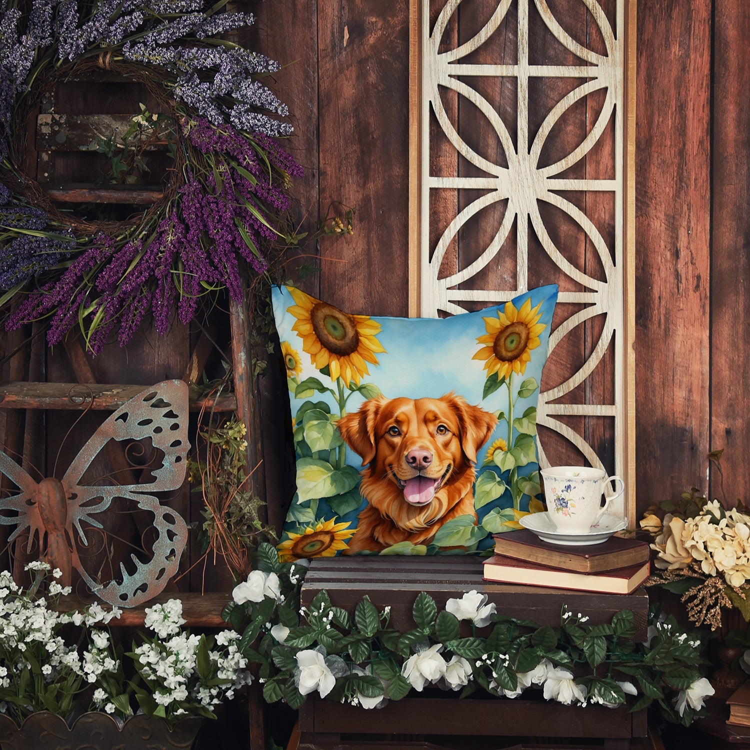 Nova Scotia Duck Toller in Sunflowers Decorative Throw Pillow 14x14 Indoor Outdoor Accent Cushion, Fabric Cover with Insert for Sofa, Bed, Porch & Living Room