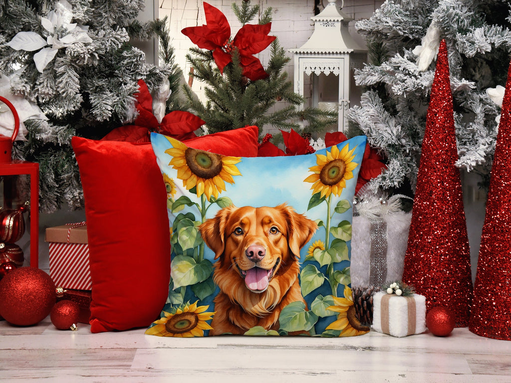 Nova Scotia Duck Toller in Sunflowers Decorative Throw Pillow 14x14 Indoor Outdoor Accent Cushion, Fabric Cover with Insert for Sofa, Bed, Porch & Living Room