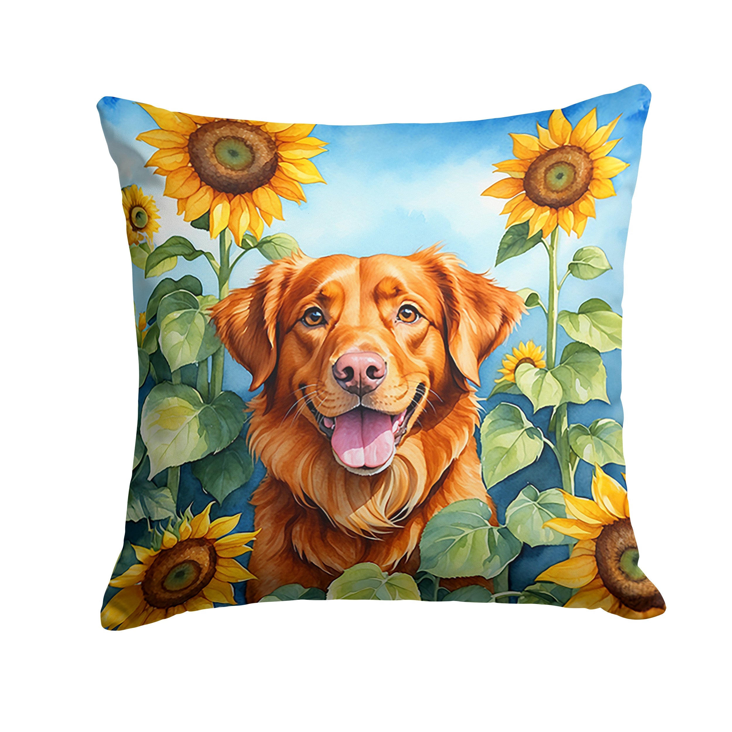 Nova Scotia Duck Toller in Sunflowers Decorative Throw Pillow 18x18 Indoor Outdoor Accent Cushion, Fabric Cover with Insert for Sofa, Bed, Porch & Living Room