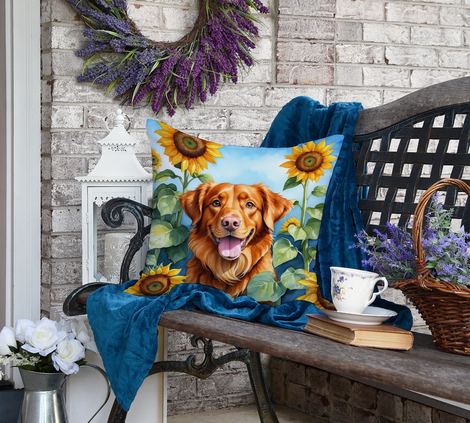 Nova Scotia Duck Toller in Sunflowers Decorative Throw Pillow 18x18 Indoor Outdoor Accent Cushion, Fabric Cover with Insert for Sofa, Bed, Porch & Living Room