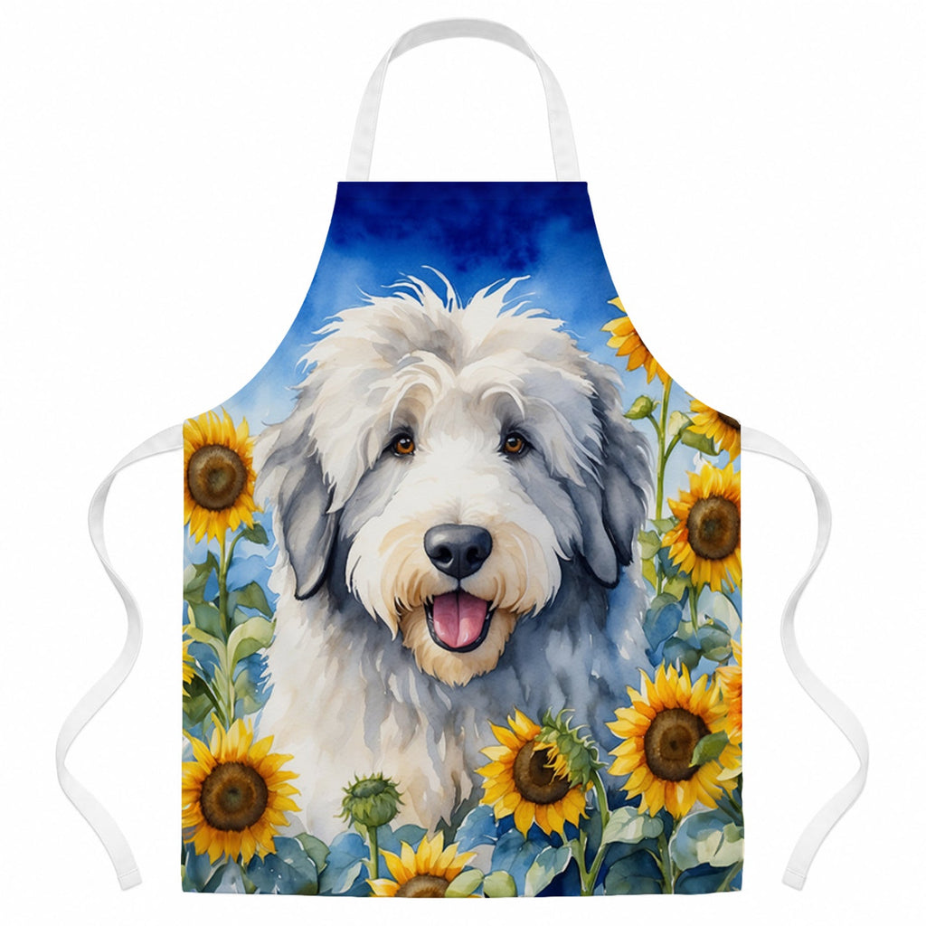 Old English Sheepdog in Sunflowers Apron Cooking Kitchen Server Baking Crafts Gardening for Adult Women Men, Unisex, Large, Multicolor