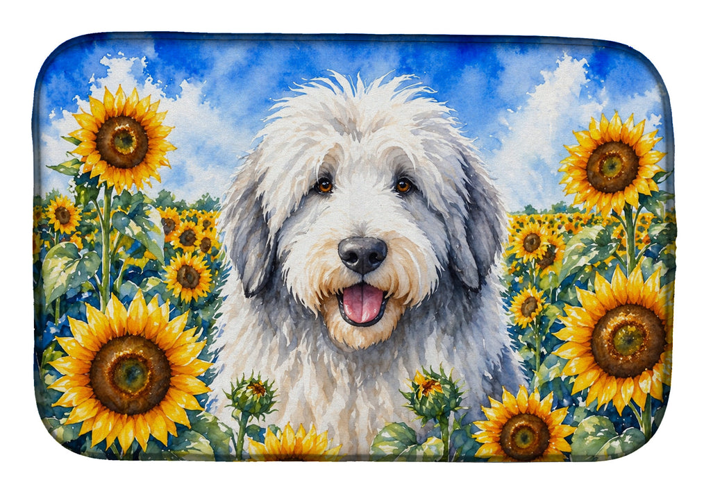 Old English Sheepdog in Sunflowers Dish Drying Mat Absorbent Dish Drying Mat Pad for Kitchen Counter Dish Drainer Mat for Countertop, 14 x 21", Multicolor