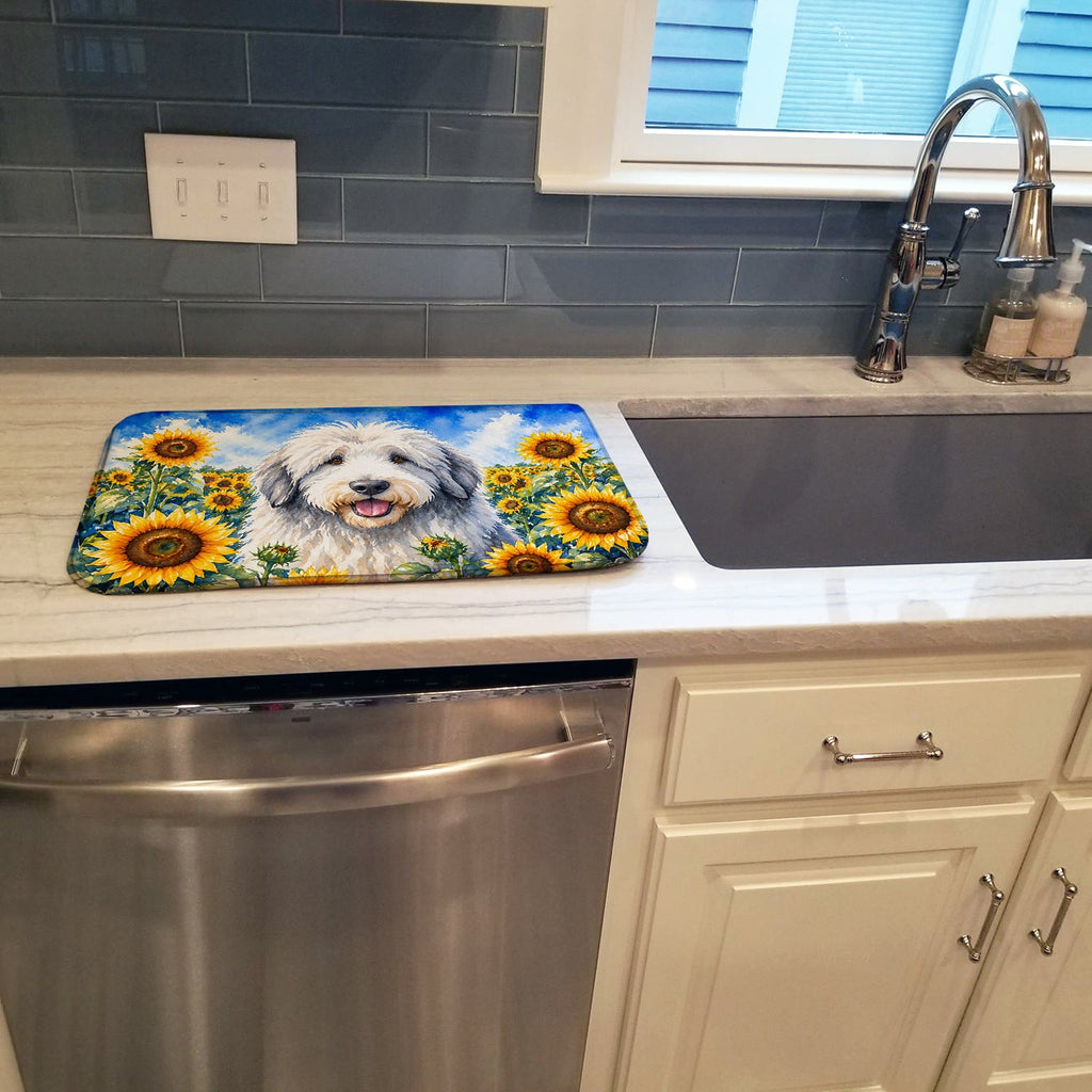 Old English Sheepdog in Sunflowers Dish Drying Mat Absorbent Dish Drying Mat Pad for Kitchen Counter Dish Drainer Mat for Countertop, 14 x 21", Multicolor