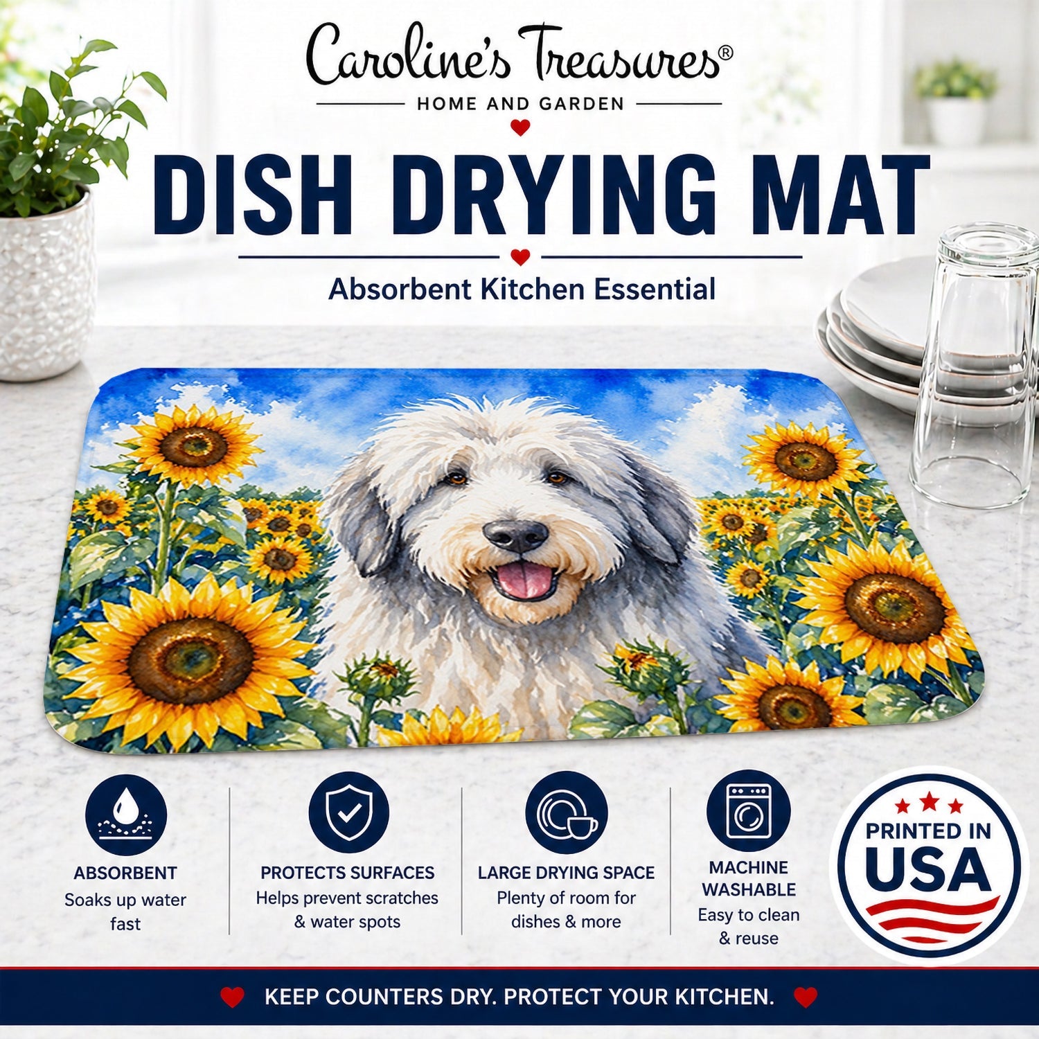 Old English Sheepdog in Sunflowers Dish Drying Mat Absorbent Dish Drying Mat Pad for Kitchen Counter Dish Drainer Mat for Countertop, 14 x 21", Multicolor