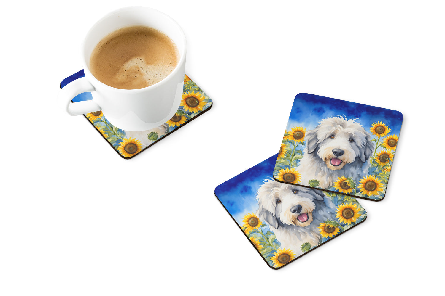 Old English Sheepdog in Sunflowers Foam Coasters Set of 4 Cup Coasters for Indoor Outdoor, Tabletop Protection, Anti Slip, Mouse pad Material