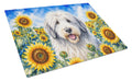 Old English Sheepdog in Sunflowers Cutting Board Tempered Glass Kitchen Cutting Surface, Heat Resistant Chopping Board with Non-Slip Feet, Decorative Food Prep & Serving