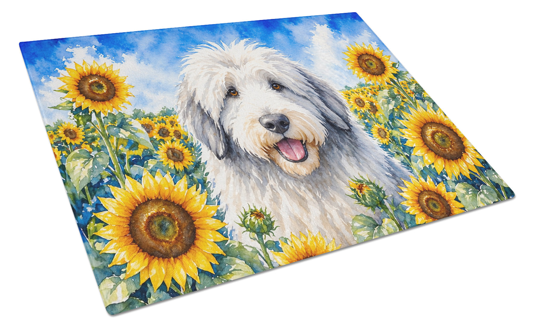 Old English Sheepdog in Sunflowers Cutting Board Tempered Glass Kitchen Cutting Surface, Heat Resistant Chopping Board with Non-Slip Feet, Decorative Food Prep & Serving