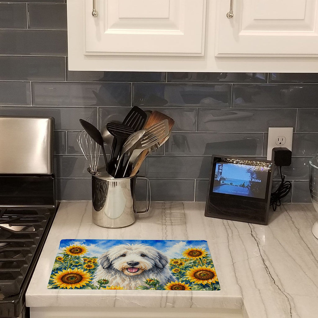 Old English Sheepdog in Sunflowers Cutting Board Tempered Glass Kitchen Cutting Surface, Heat Resistant Chopping Board with Non-Slip Feet, Decorative Food Prep & Serving