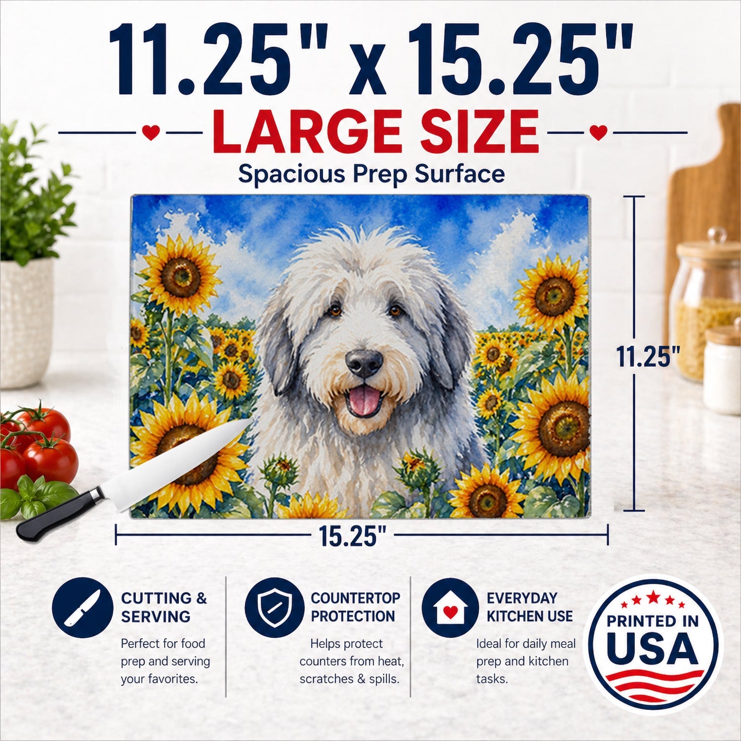 Old English Sheepdog in Sunflowers Cutting Board Tempered Glass Kitchen Cutting Surface, Heat Resistant Chopping Board with Non-Slip Feet, Decorative Food Prep & Serving