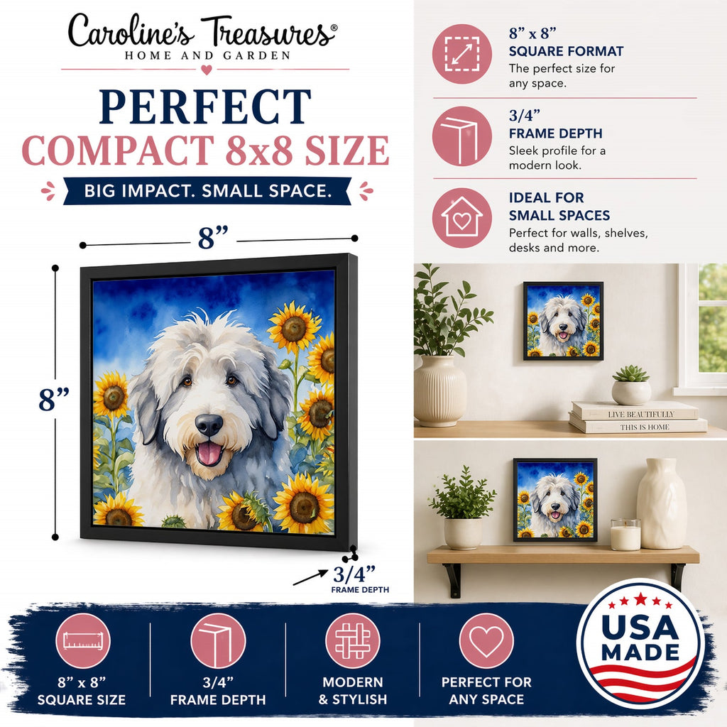 Old English Sheepdog in Sunflowers Framed Metal Print Bathroom, Kitchen, Office, Home Decor Wall Art Ready to Hang, Square, 8X8