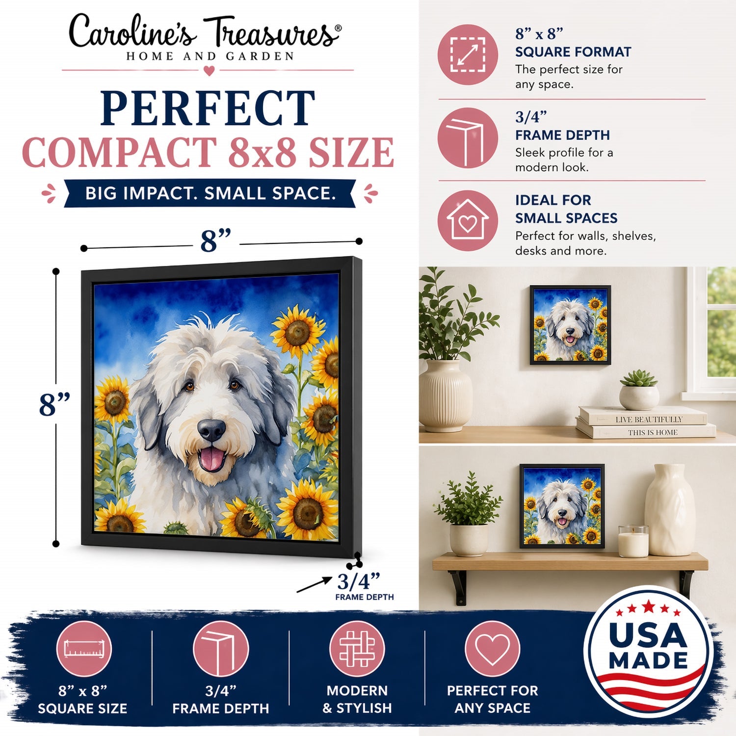 Old English Sheepdog in Sunflowers Framed Metal Print Bathroom, Kitchen, Office, Home Decor Wall Art Ready to Hang, Square, 8X8