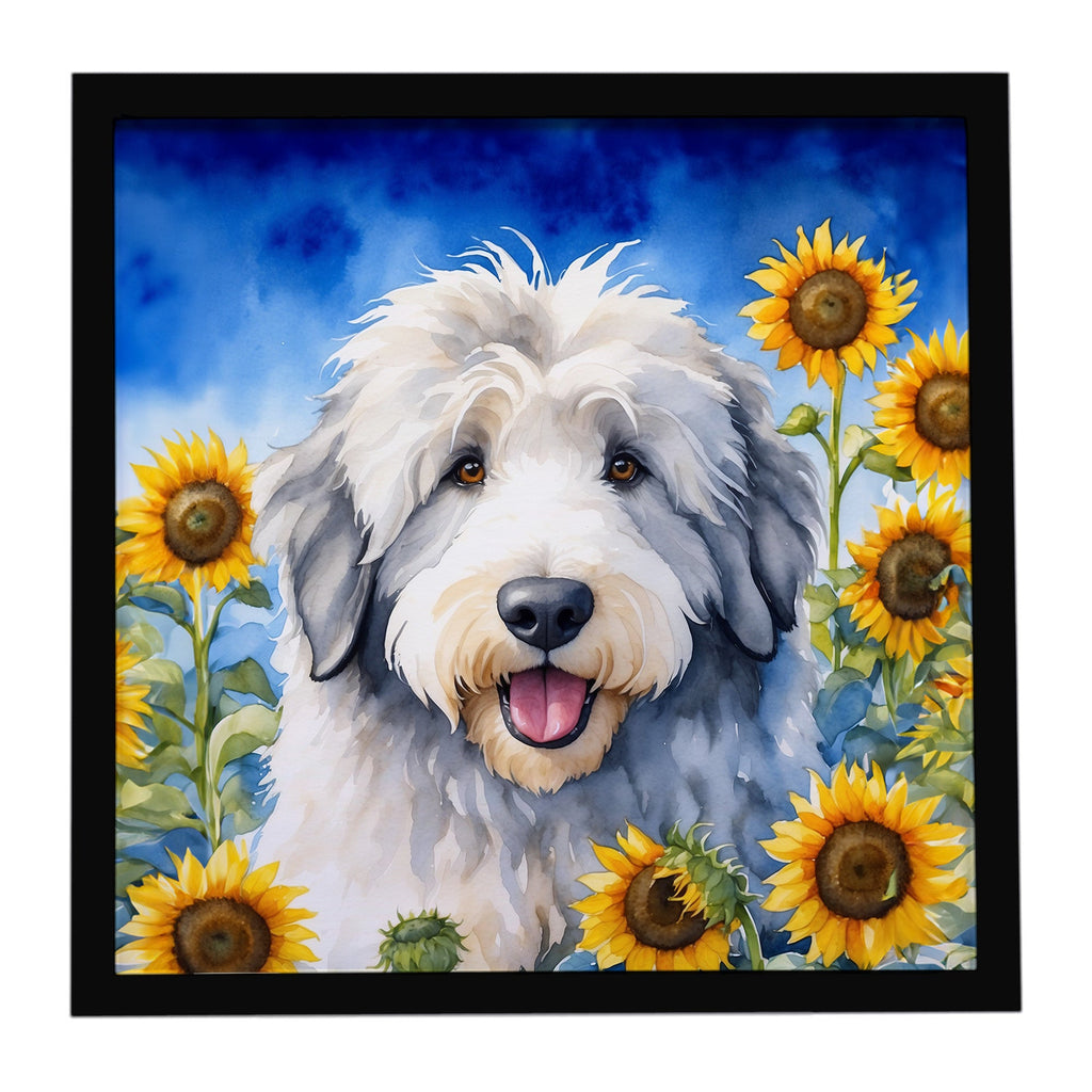 Old English Sheepdog in Sunflowers Framed Metal Print Bathroom, Kitchen, Office, Home Decor Wall Art Ready to Hang, Square, 8X8