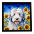 Old English Sheepdog in Sunflowers Framed Metal Print Bathroom, Kitchen, Office, Home Decor Wall Art Ready to Hang, Square, 8X8
