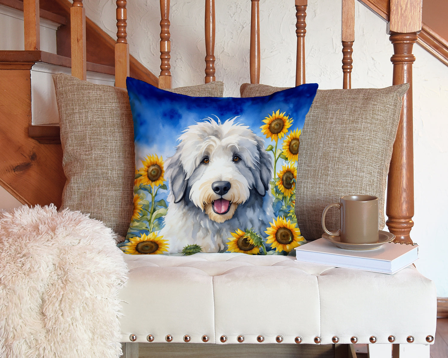 Old English Sheepdog in Sunflowers Decorative Throw Pillow 14x14 Indoor Outdoor Accent Cushion, Fabric Cover with Insert for Sofa, Bed, Porch & Living Room