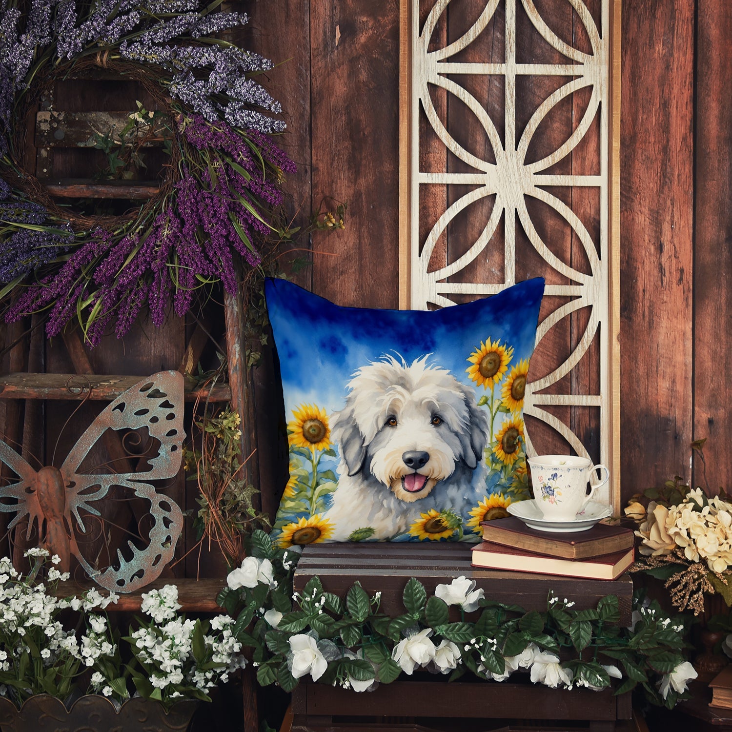 Old English Sheepdog in Sunflowers Decorative Throw Pillow 14x14 Indoor Outdoor Accent Cushion, Fabric Cover with Insert for Sofa, Bed, Porch & Living Room