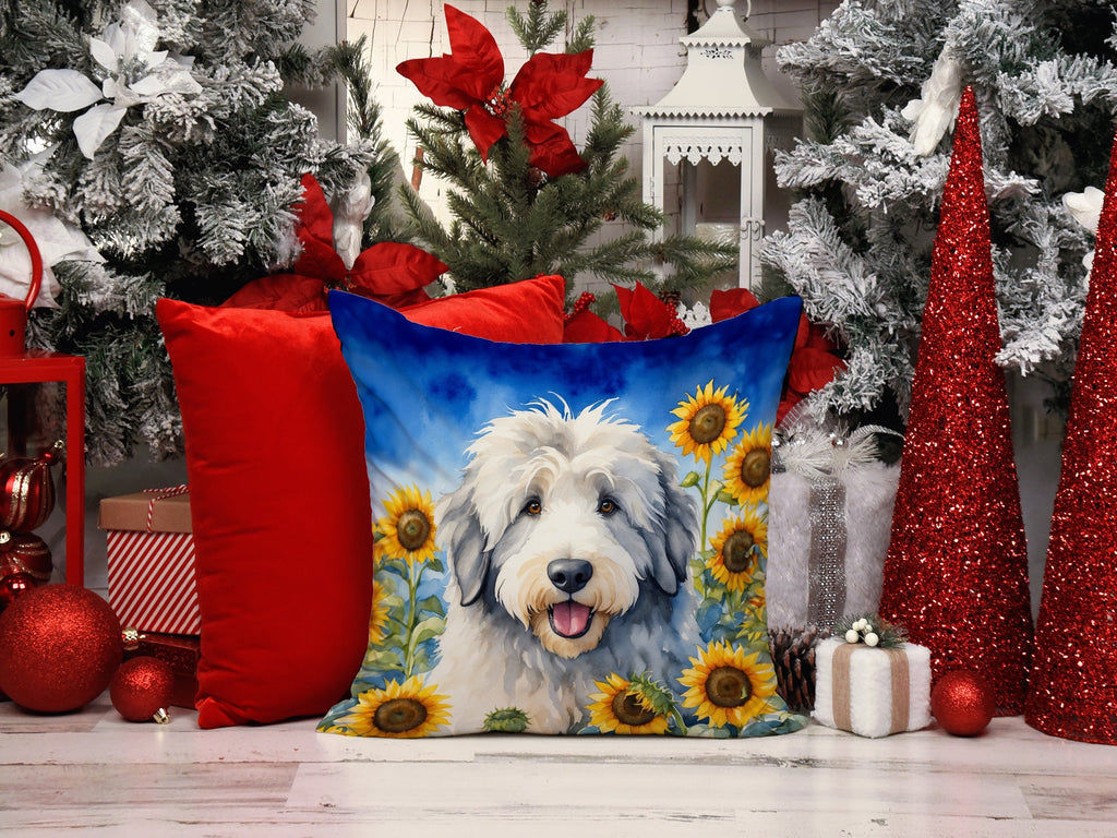 Old English Sheepdog in Sunflowers Decorative Throw Pillow 14x14 Indoor Outdoor Accent Cushion, Fabric Cover with Insert for Sofa, Bed, Porch & Living Room