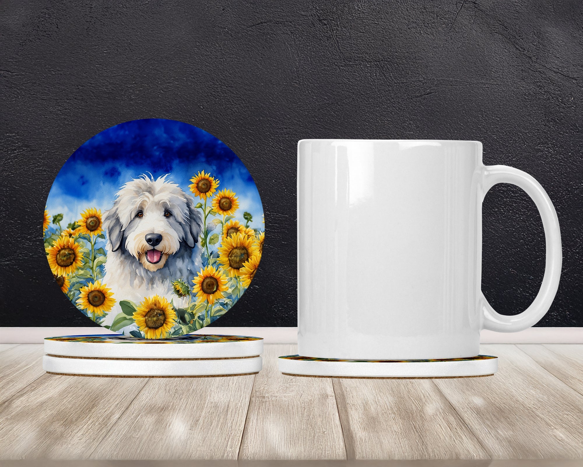 Old English Sheepdog in Sunflowers Large Sandstone Coasters Pack of 4 Absorbent Round Coasters Decor Gifts for Men or Women, 4 in, Multicolor