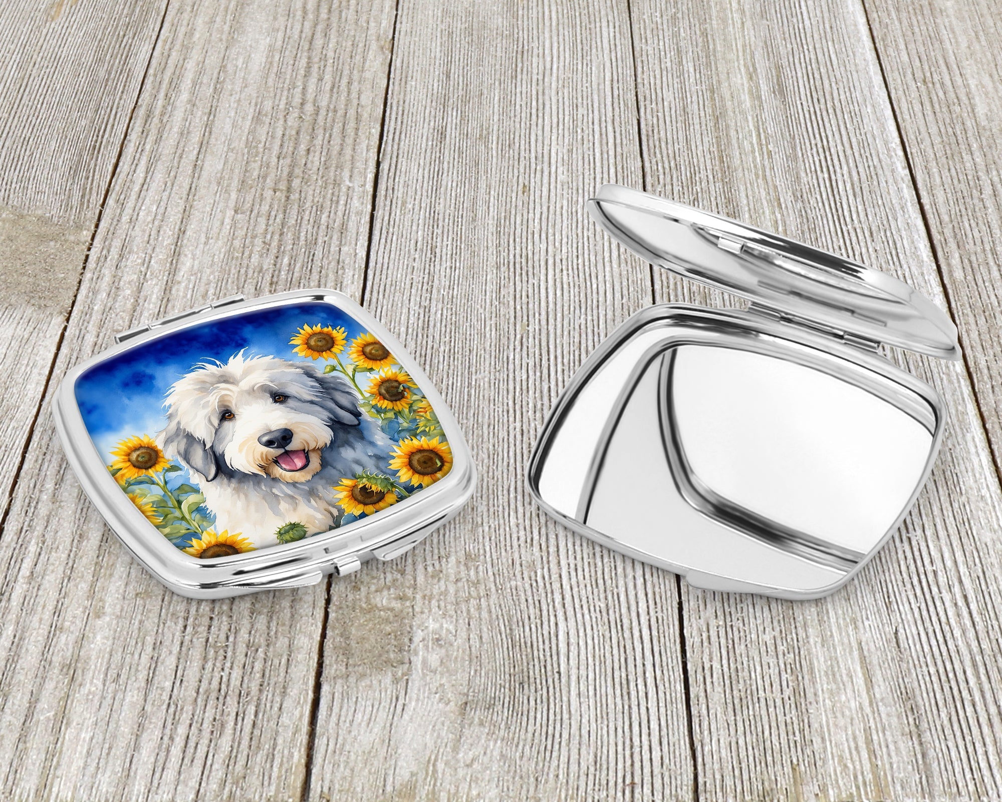 Old English Sheepdog in Sunflowers Compact Mirror Decorative Travel Makeup Mirror for Women Girls Gifts Pocket Makeup Mirror Folding Handheld