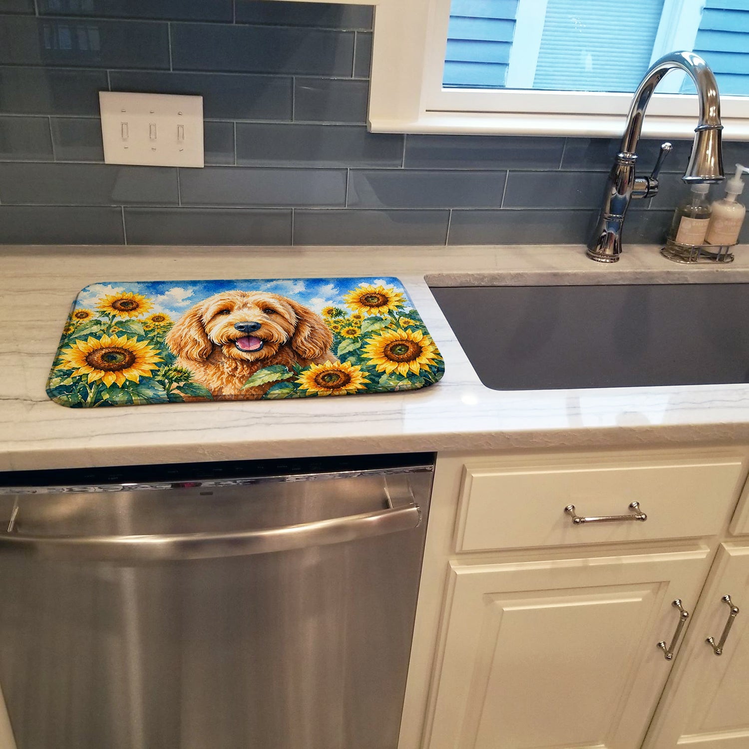 Otterhound in Sunflowers Dish Drying Mat Absorbent Dish Drying Mat Pad for Kitchen Counter Dish Drainer Mat for Countertop, 14 x 21", Multicolor