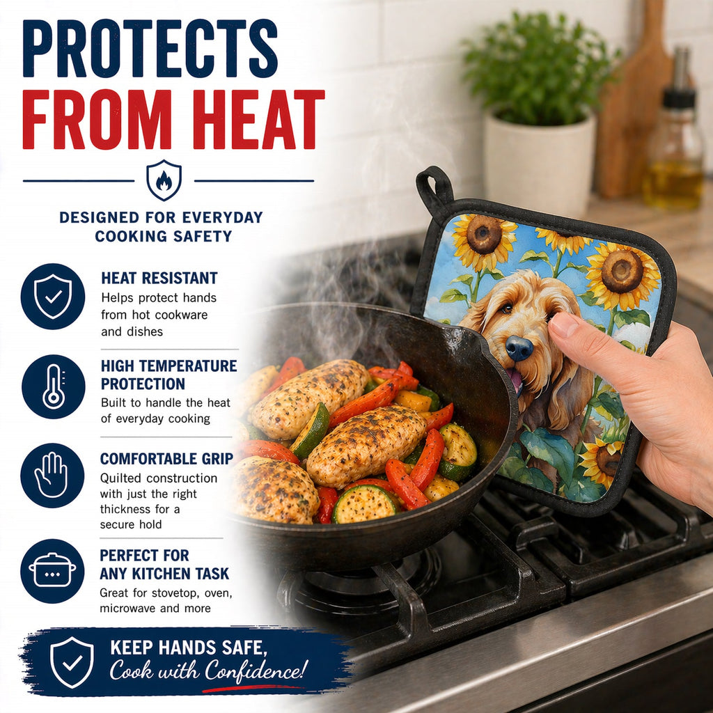 Otterhound in Sunflowers Pot Holder Set of 2 Heat Resistant Quilted Hot Pads 7.5 x 7.5 Inch, Insulated Kitchen Trivets for Cooking & Baking