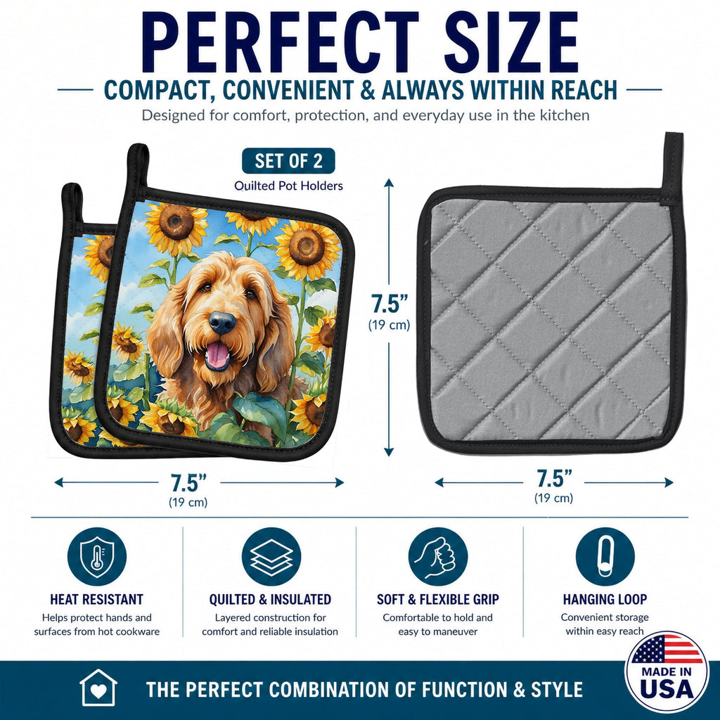 Otterhound in Sunflowers Pot Holder Set of 2 Heat Resistant Quilted Hot Pads 7.5 x 7.5 Inch, Insulated Kitchen Trivets for Cooking & Baking
