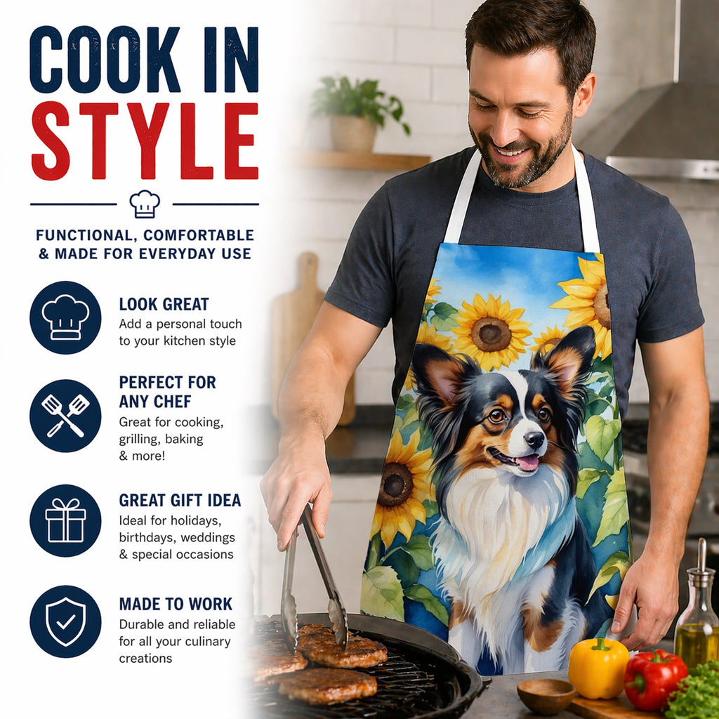 Papillon in Sunflowers Apron Cooking Kitchen Server Baking Crafts Gardening for Adult Women Men, Unisex, Large, Multicolor