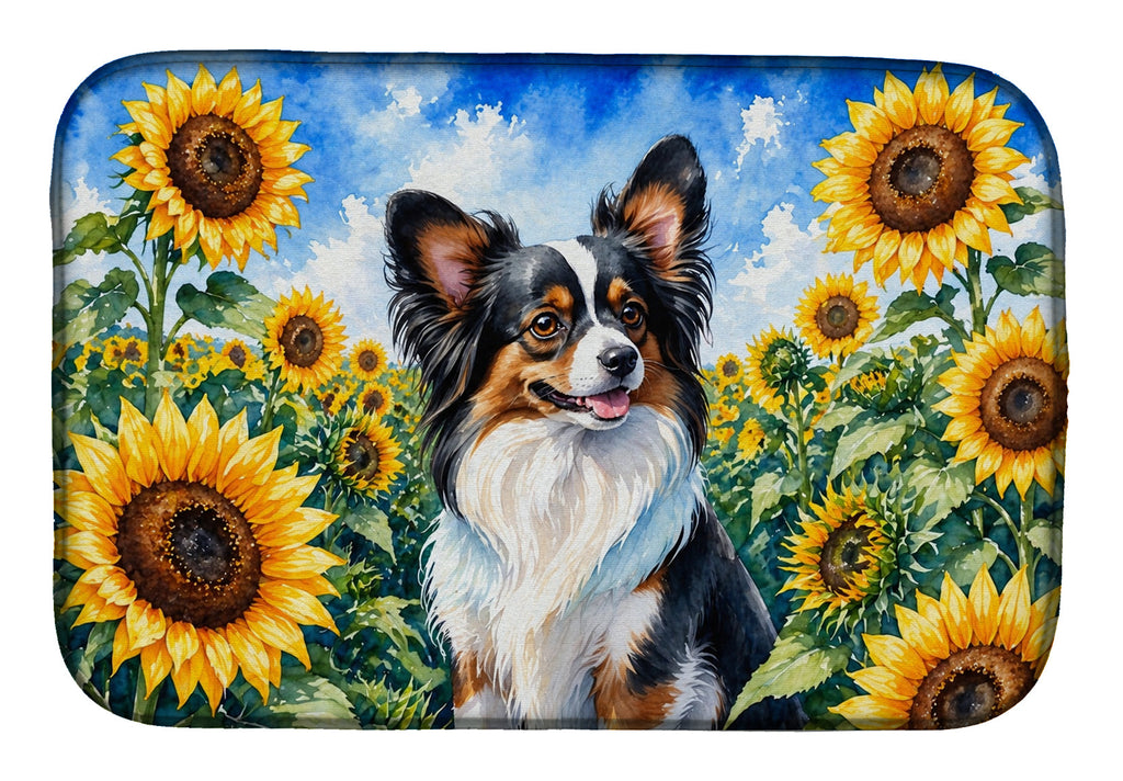 Papillon in Sunflowers Dish Drying Mat Absorbent Dish Drying Mat Pad for Kitchen Counter Dish Drainer Mat for Countertop, 14 x 21", Multicolor