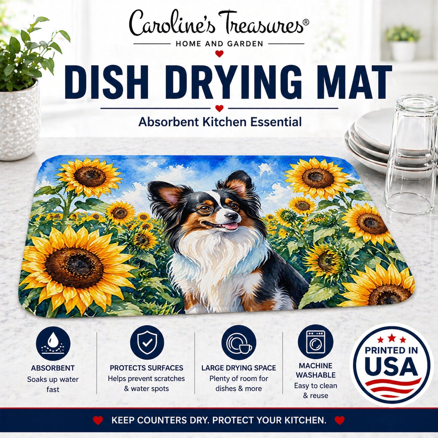Papillon in Sunflowers Dish Drying Mat Absorbent Dish Drying Mat Pad for Kitchen Counter Dish Drainer Mat for Countertop, 14 x 21", Multicolor