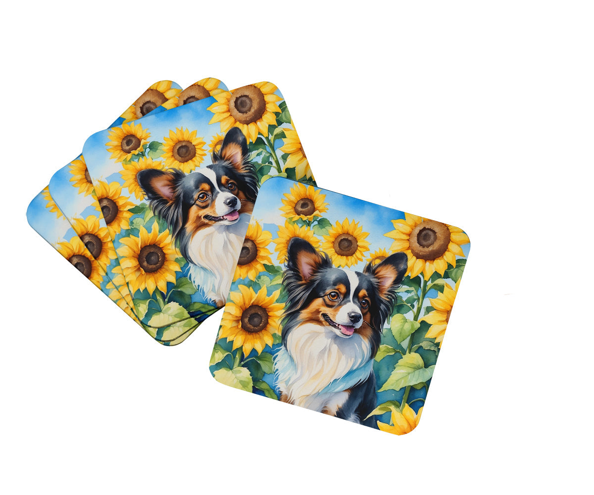 Papillon in Sunflowers Foam Coasters Set of 4 Cup Coasters for Indoor Outdoor, Tabletop Protection, Anti Slip, Mouse pad Material