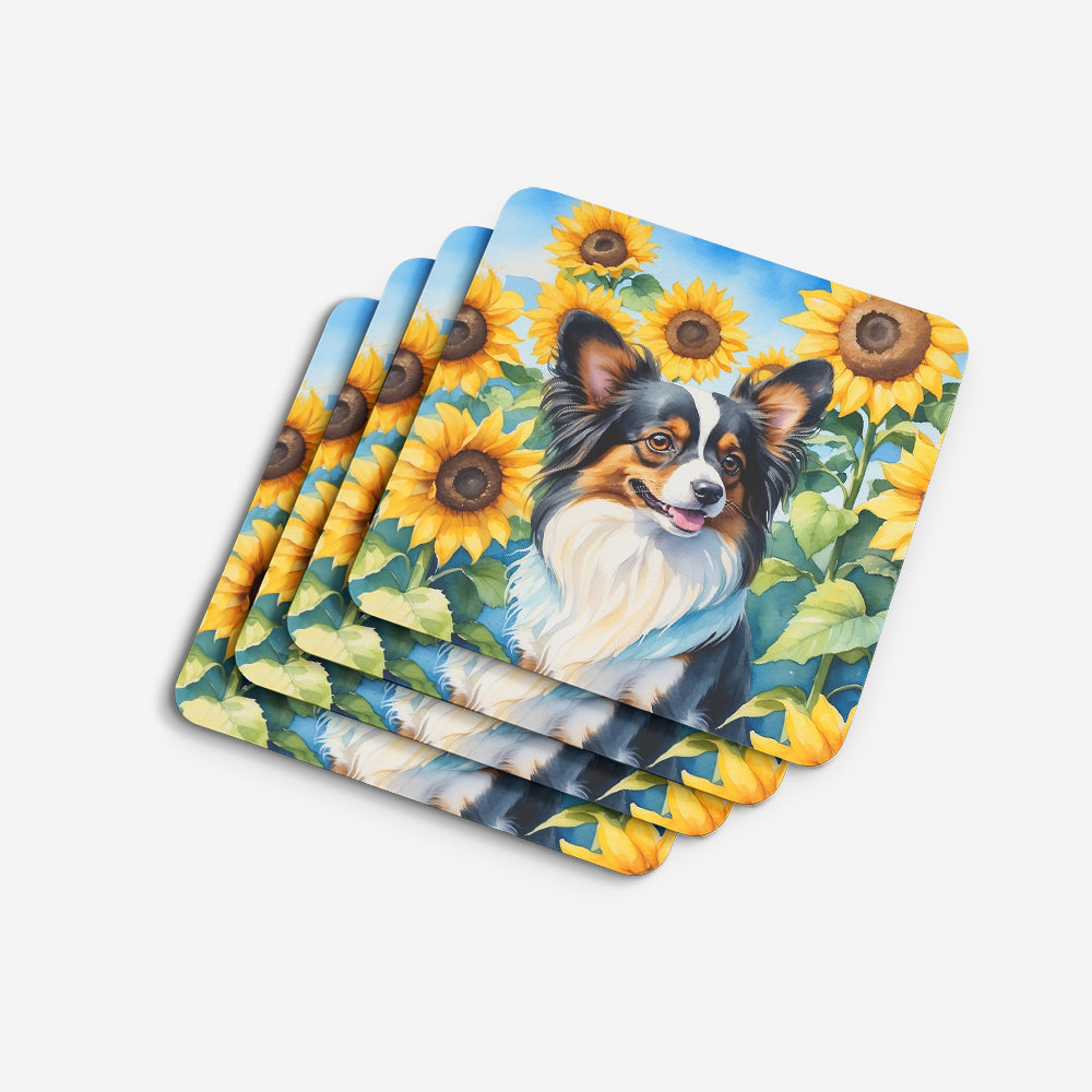 Papillon in Sunflowers Foam Coasters Set of 4 Cup Coasters for Indoor Outdoor, Tabletop Protection, Anti Slip, Mouse pad Material