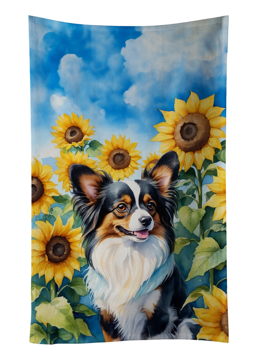Papillon in Sunflowers Kitchen Towel Velour Plush Front and Cotton Loop Back Machine Washable