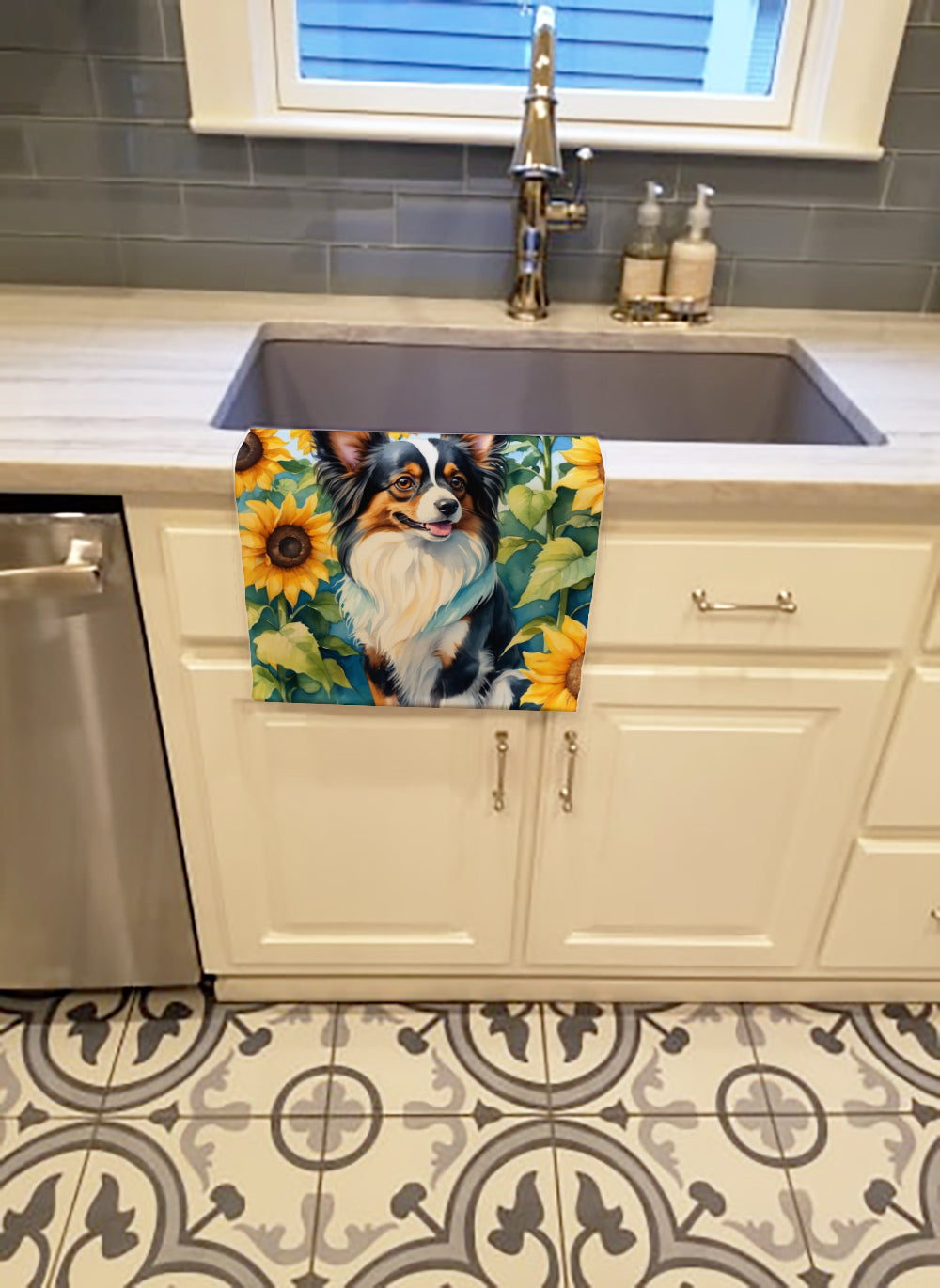 Papillon in Sunflowers Kitchen Towel Velour Plush Front and Cotton Loop Back Machine Washable