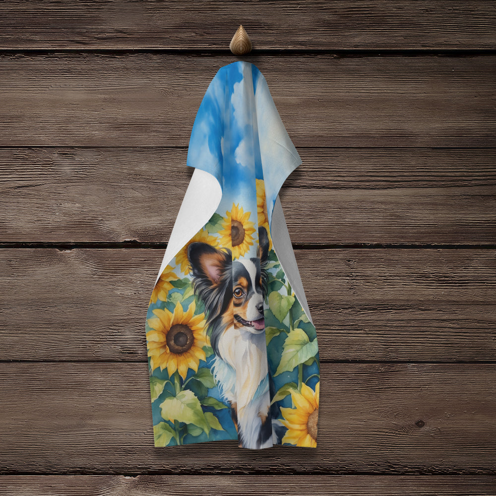 Papillon in Sunflowers Kitchen Towel Velour Plush Front and Cotton Loop Back Machine Washable