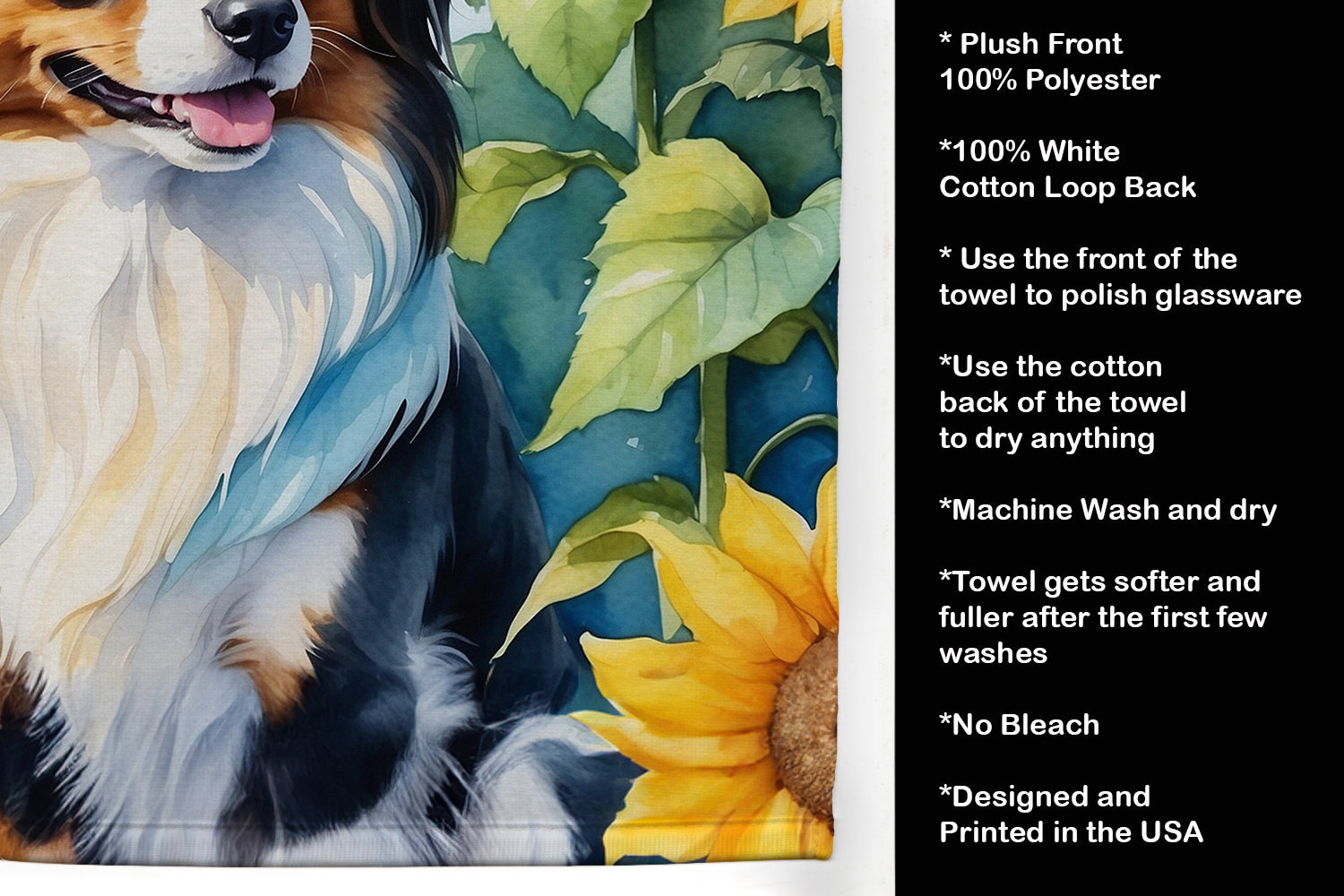 Papillon in Sunflowers Kitchen Towel Velour Plush Front and Cotton Loop Back Machine Washable