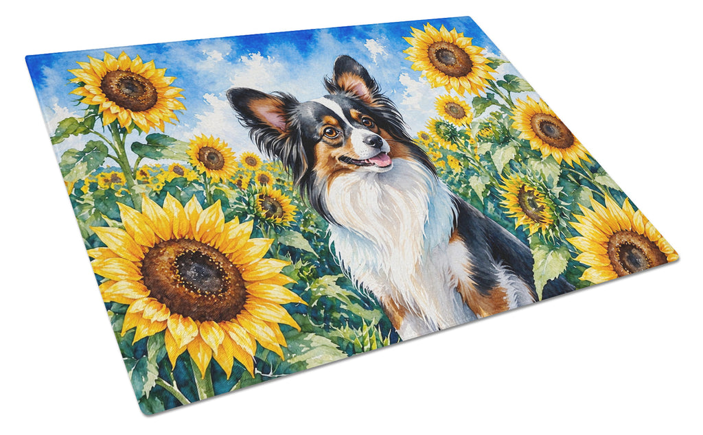 Papillon in Sunflowers Cutting Board Tempered Glass Kitchen Cutting Surface, Heat Resistant Chopping Board with Non-Slip Feet, Decorative Food Prep & Serving