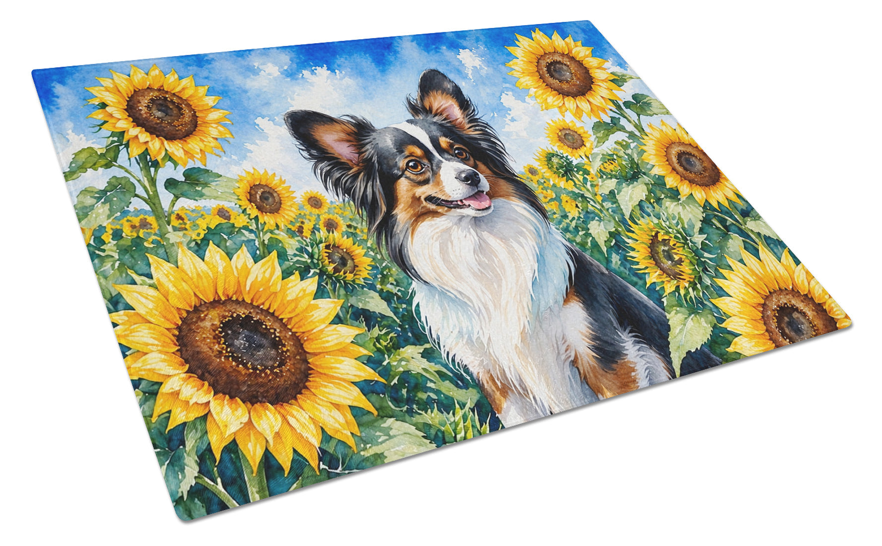 Papillon in Sunflowers Cutting Board Tempered Glass Kitchen Cutting Surface, Heat Resistant Chopping Board with Non-Slip Feet, Decorative Food Prep & Serving