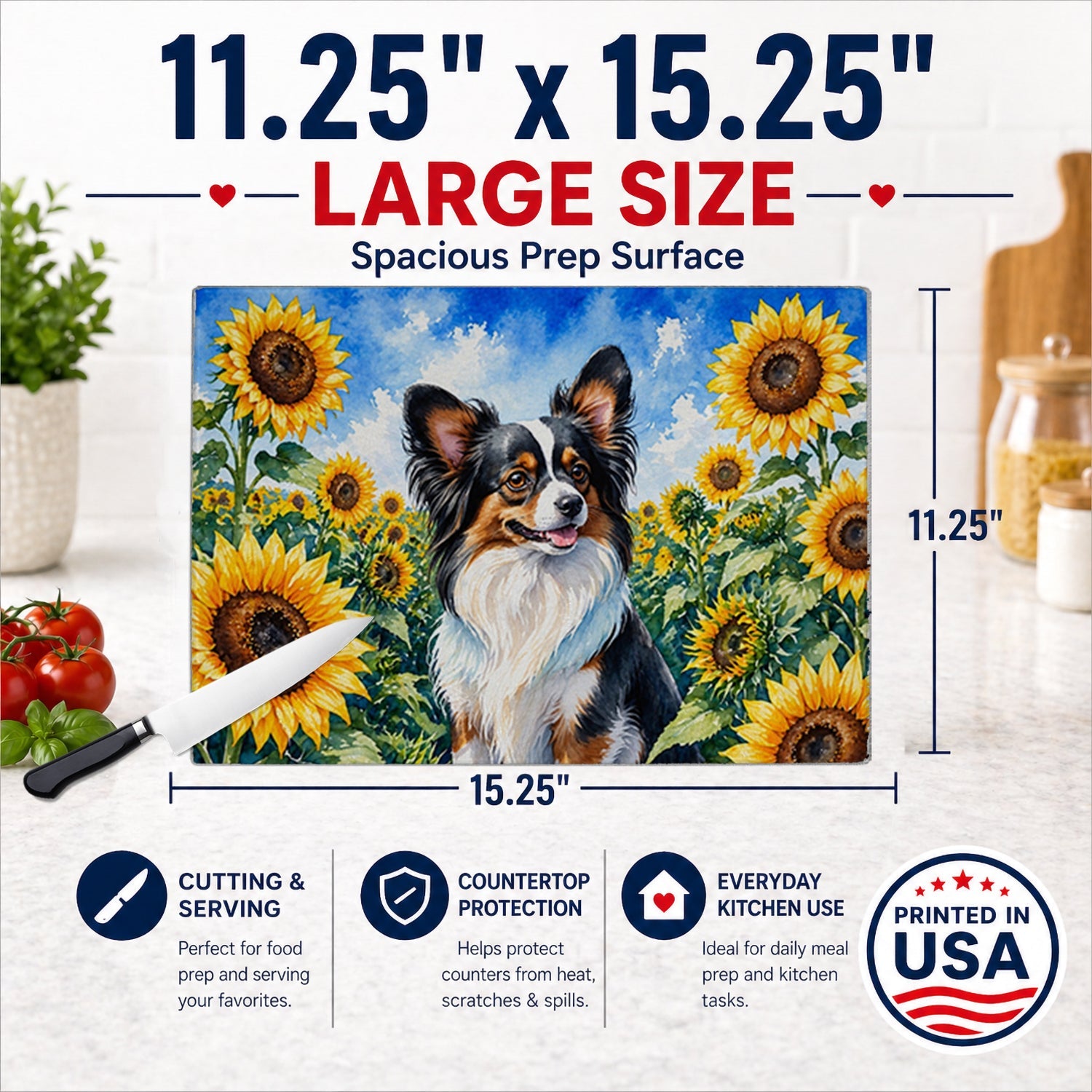 Papillon in Sunflowers Cutting Board Tempered Glass Kitchen Cutting Surface, Heat Resistant Chopping Board with Non-Slip Feet, Decorative Food Prep & Serving