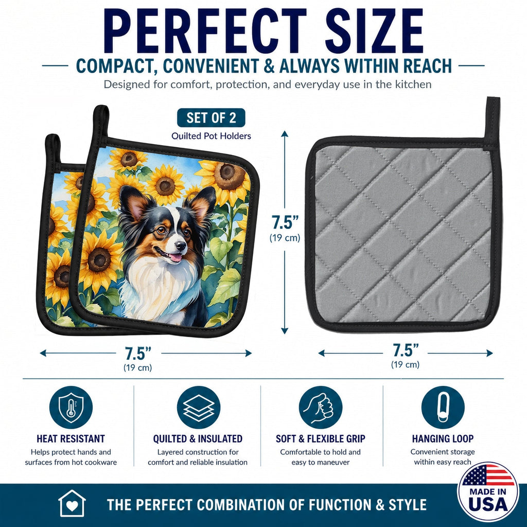 Papillon in Sunflowers Pot Holder Set of 2 Heat Resistant Quilted Hot Pads 7.5 x 7.5 Inch, Insulated Kitchen Trivets for Cooking & Baking
