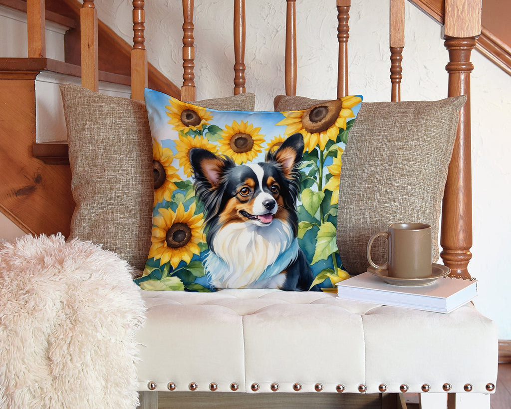 Papillon in Sunflowers Decorative Throw Pillow 14x14 Indoor Outdoor Accent Cushion, Fabric Cover with Insert for Sofa, Bed, Porch & Living Room