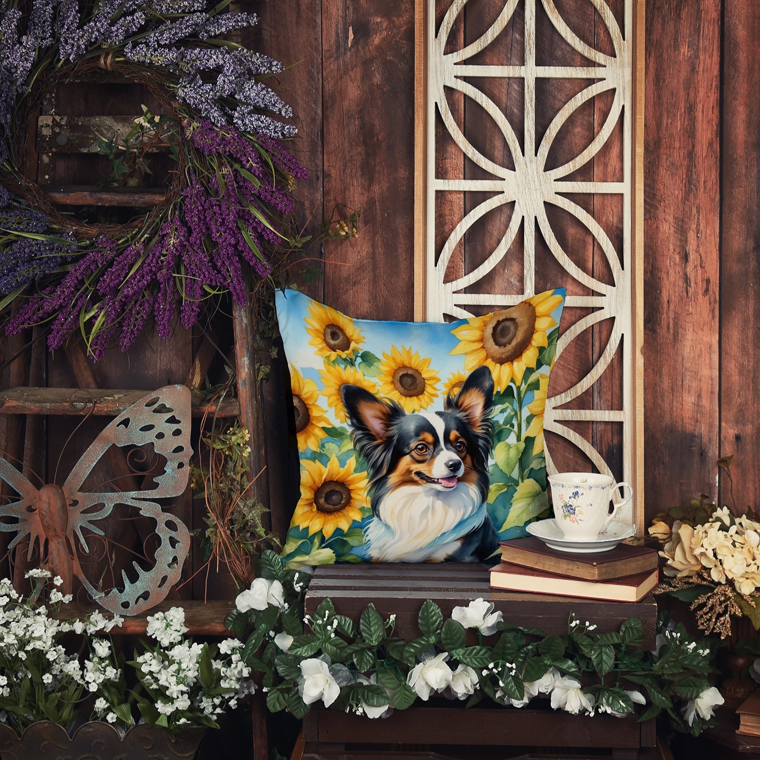 Papillon in Sunflowers Decorative Throw Pillow 14x14 Indoor Outdoor Accent Cushion, Fabric Cover with Insert for Sofa, Bed, Porch & Living Room