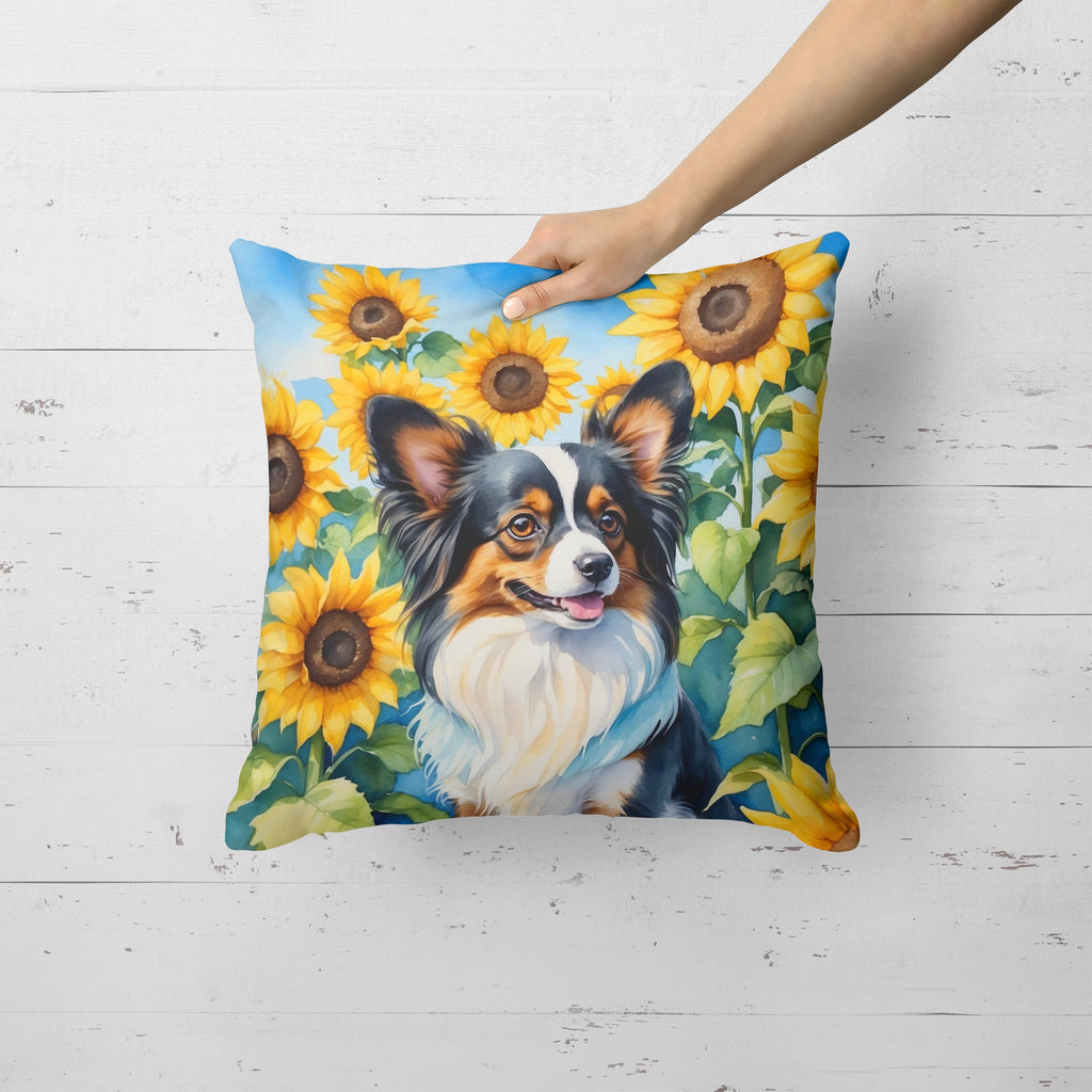Papillon in Sunflowers Decorative Throw Pillow 18x18 Indoor Outdoor Accent Cushion, Fabric Cover with Insert for Sofa, Bed, Porch & Living Room