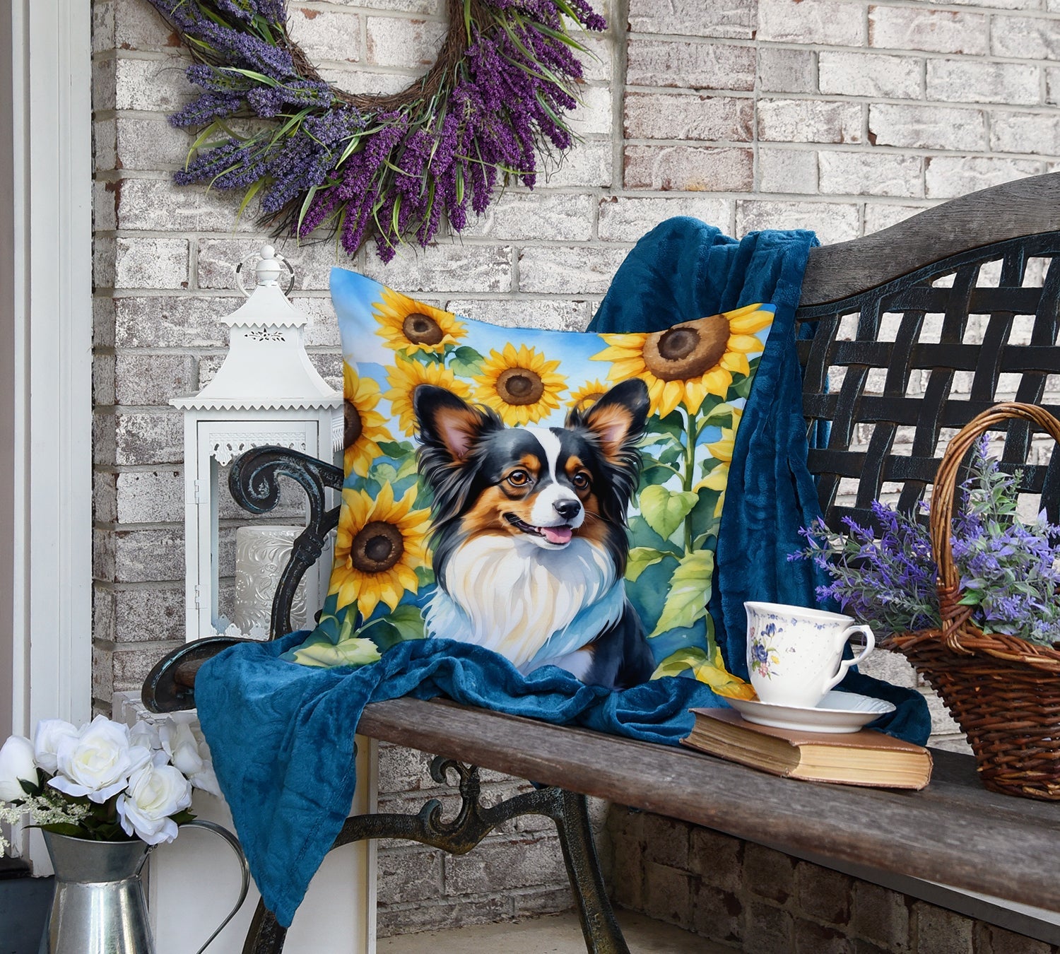 Papillon in Sunflowers Decorative Throw Pillow 18x18 Indoor Outdoor Accent Cushion, Fabric Cover with Insert for Sofa, Bed, Porch & Living Room