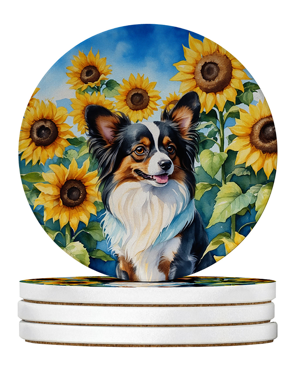 Papillon in Sunflowers Large Sandstone Coasters Pack of 4 Absorbent Round Coasters Decor Gifts for Men or Women, 4 in, Multicolor