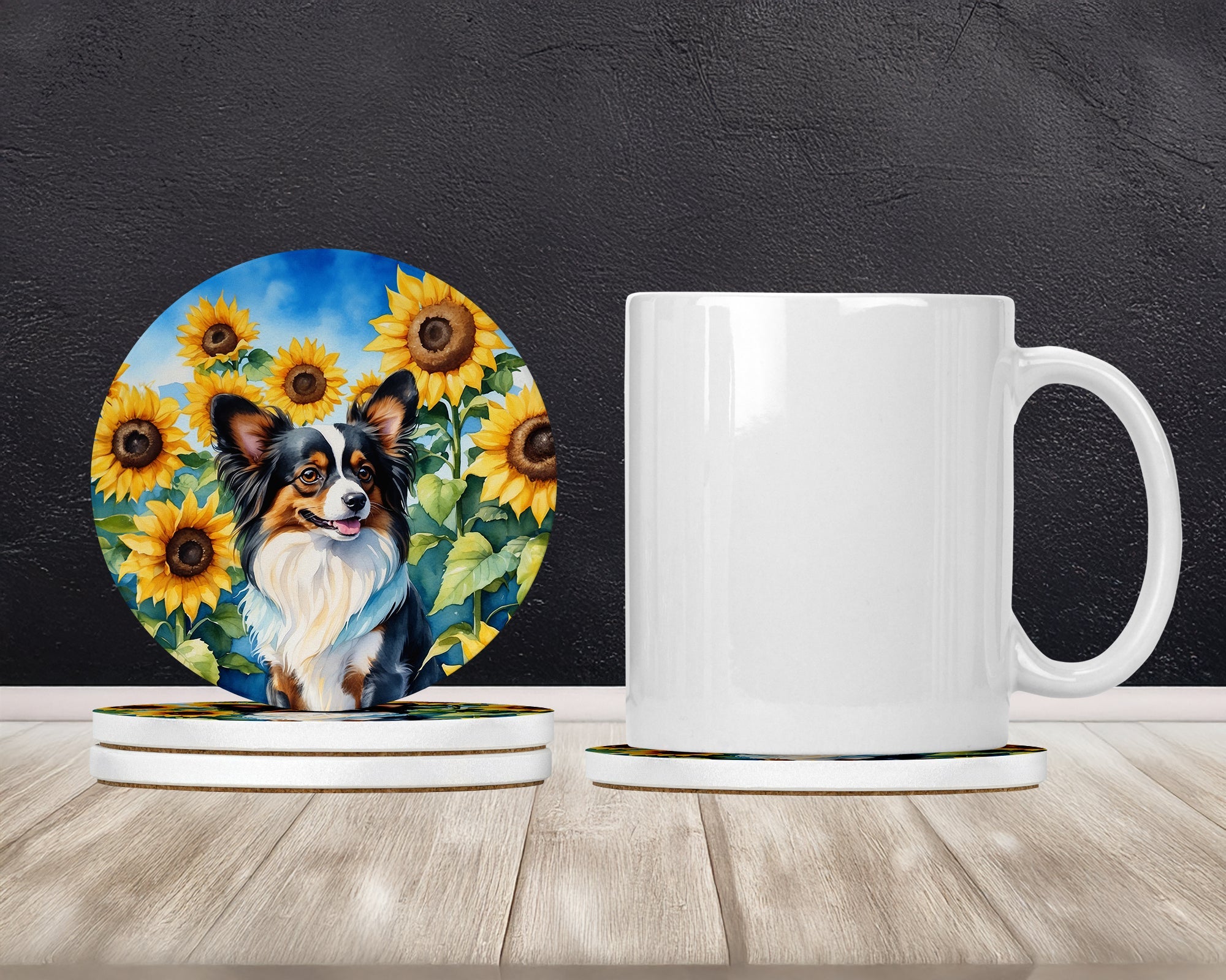 Papillon in Sunflowers Large Sandstone Coasters Pack of 4 Absorbent Round Coasters Decor Gifts for Men or Women, 4 in, Multicolor