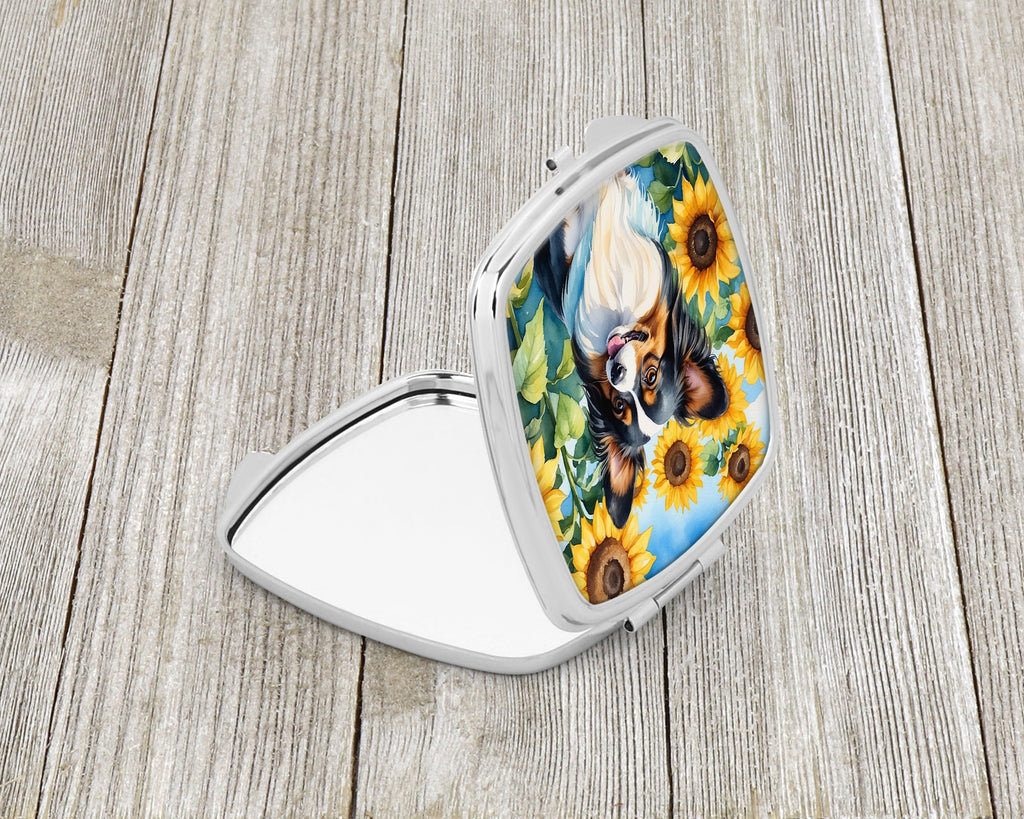 Papillon in Sunflowers Compact Mirror Decorative Travel Makeup Mirror for Women Girls Gifts Pocket Makeup Mirror Folding Handheld