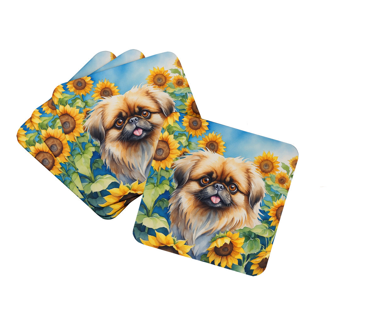 Pekingese in Sunflowers Foam Coasters Set of 4 Cup Coasters for Indoor Outdoor, Tabletop Protection, Anti Slip, Mouse pad Material