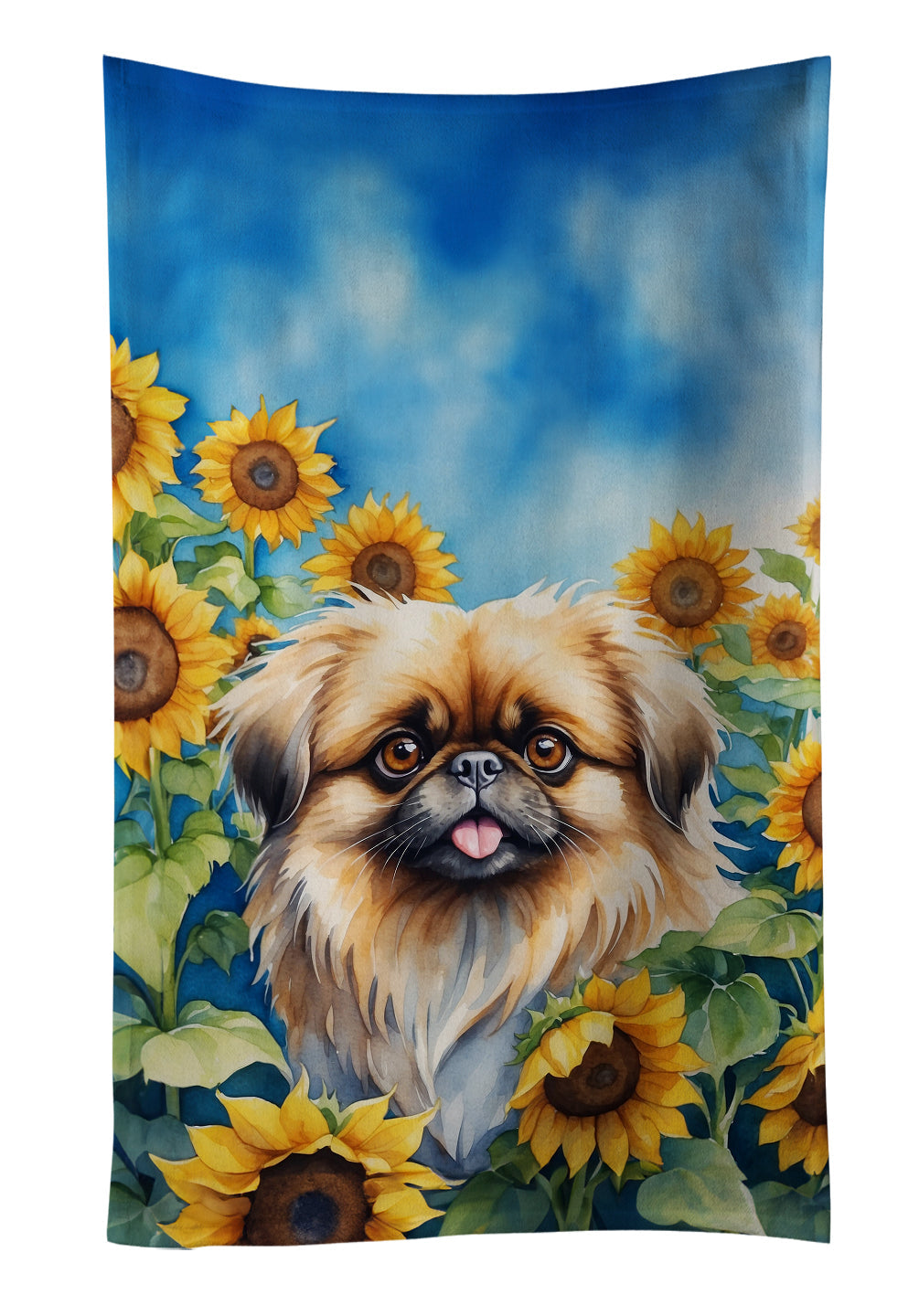 Pekingese in Sunflowers Kitchen Towel Velour Plush Front and Cotton Loop Back Machine Washable
