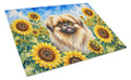Pekingese in Sunflowers Cutting Board Tempered Glass Kitchen Cutting Surface, Heat Resistant Chopping Board with Non-Slip Feet, Decorative Food Prep & Serving