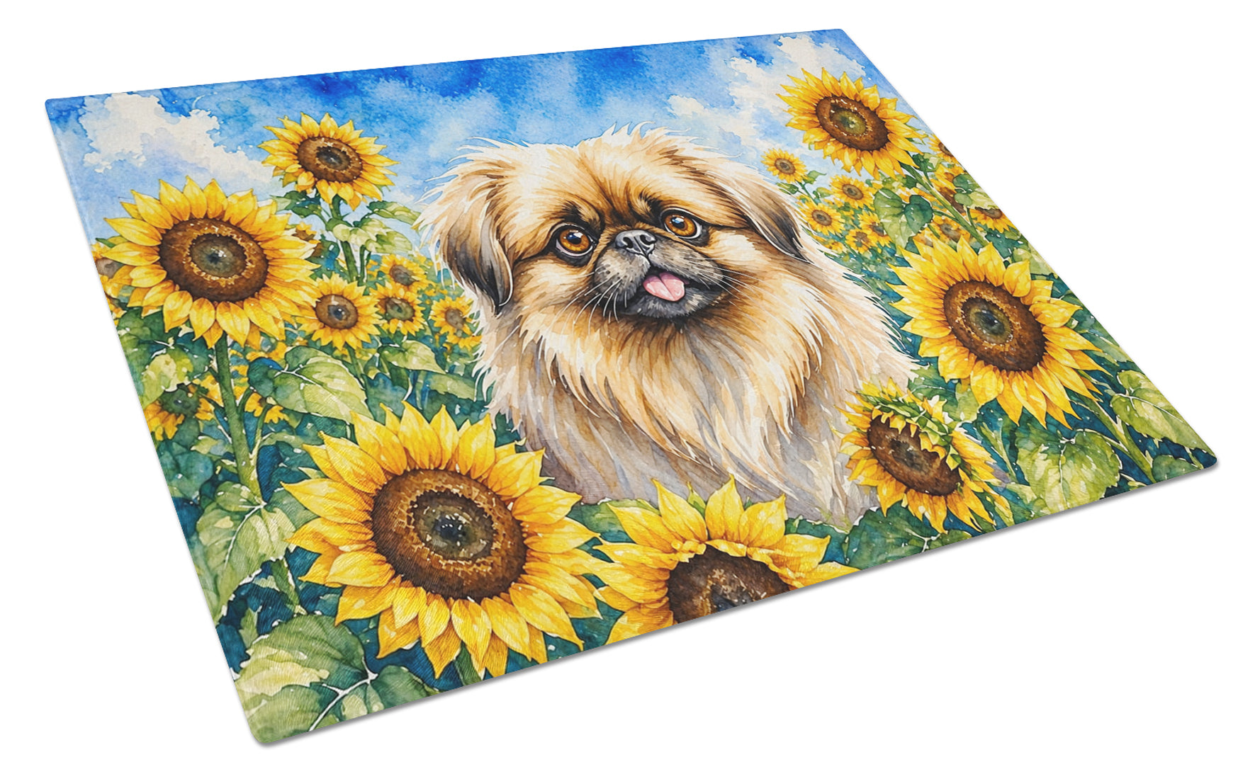 Pekingese in Sunflowers Cutting Board Tempered Glass Kitchen Cutting Surface, Heat Resistant Chopping Board with Non-Slip Feet, Decorative Food Prep & Serving